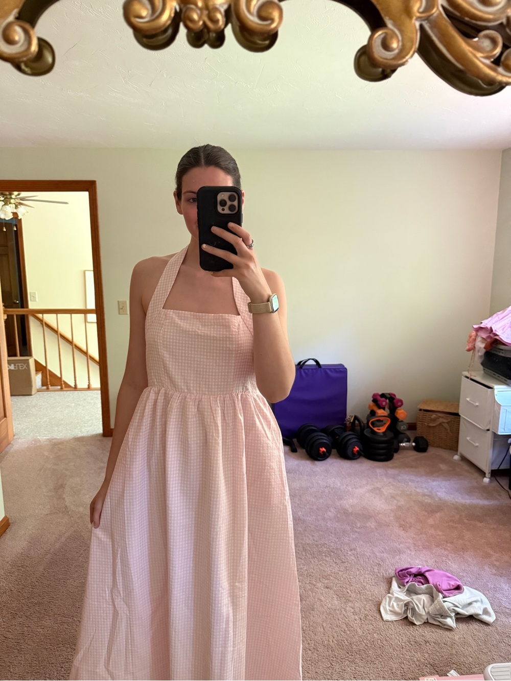 Petal & Pup Pale Pink Gingham Maxi Halter Dress